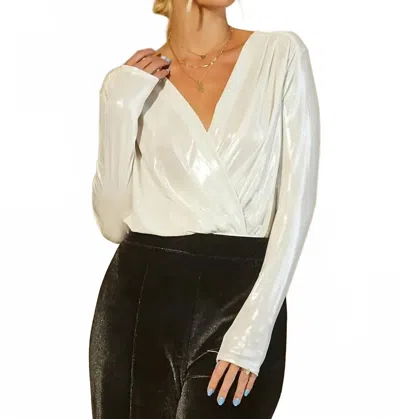 Wisteria Lane Slinky Long Sleeve Surplice Bodysuit In Ivory Metallic In Multi