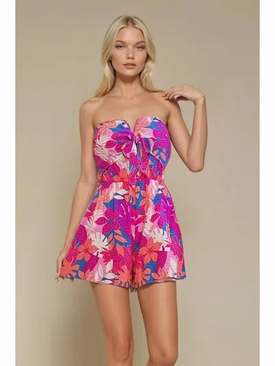 Wisteria Lane Tropical Print Tie Front Romper In Multi