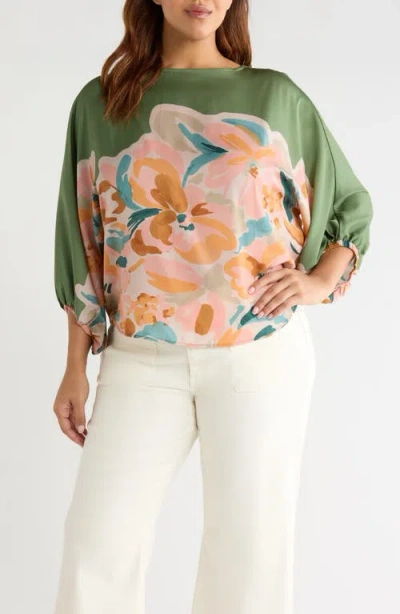 Wit & Wisdom Abstract Floral Peasant Sleeve Top In Green