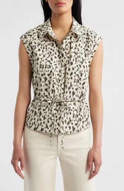 Wit & Wisdom Animal Spot Cap Sleeve Cotton Peplum Top In Neutral