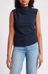 Wit & Wisdom Asymmetric Ruched Sleeveless Mock Neck Knit Top In Heather Carbon Blue