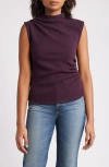 Wit & Wisdom Asymmetric Ruched Sleeveless Mock Neck Knit Top In Heather Concord Grape