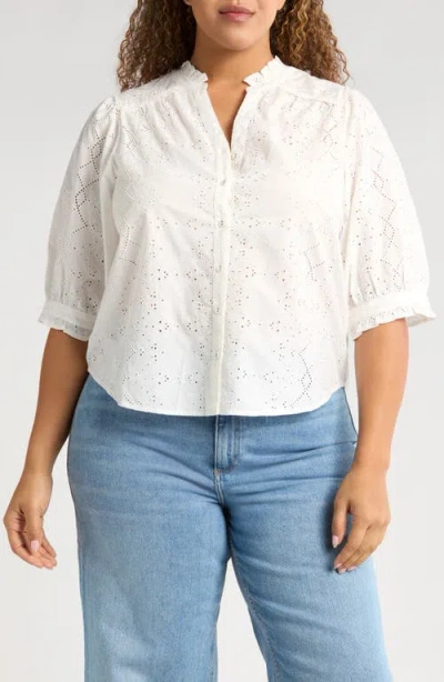Wit & Wisdom Below Eyelet Lantern Sleeve Top In Off White