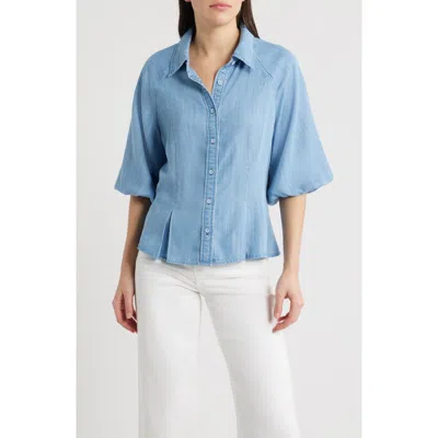 Wit & Wisdom Bubble Sleeve Flare Button-up Chambray Top In Blue