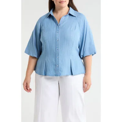 Wit & Wisdom Bubble Sleeve Flare Button-up Chambray Top In Blue