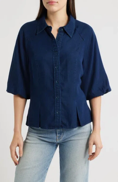 Wit & Wisdom Bubble Sleeve Flare Button-up Chambray Top In Blue