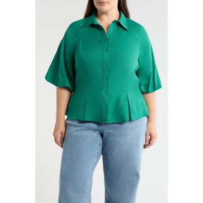 Wit & Wisdom Bubble Sleeve Flare Button-up Chambray Top In Green