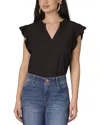 Wit & Wisdom Cap Flutter Sleeve Ruffle Split Neck Top In Black