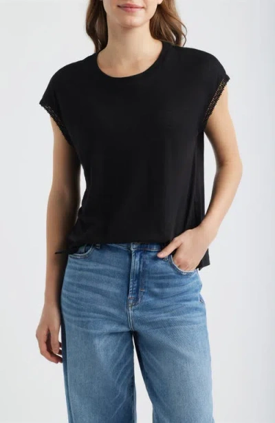 Wit & Wisdom Crochet Cap Sleeve Tee In Black