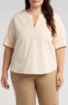 Wit & Wisdom Cuffed Split Neck Top In Stone