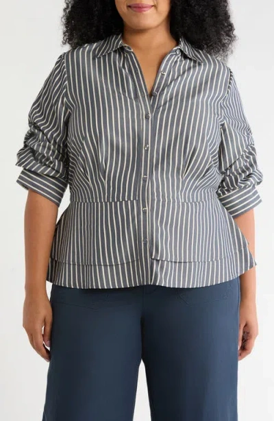 Wit & Wisdom Double Peplum Striped Button-down Top In Gray
