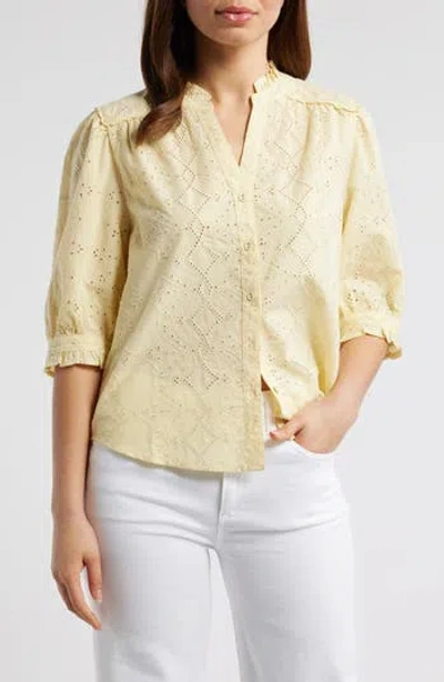 Wit & Wisdom Embroidered Eyelet Button-up Shirt In Yellow