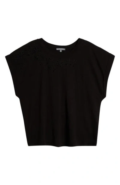 Wit & Wisdom Embroidered Eyelet Cap Sleeve T-shirt In Black