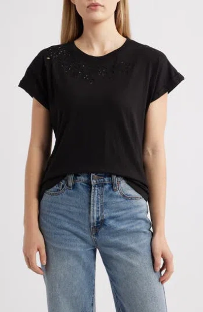 Wit & Wisdom Embroidered Eyelet Cap Sleeve T-shirt In Black