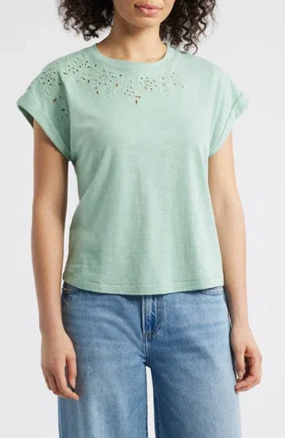 Wit & Wisdom Embroidered Eyelet Cap Sleeve T-shirt In Green