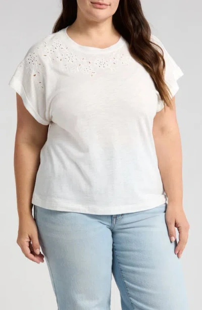 Wit & Wisdom Embroidered Eyelet Cap Sleeve T-shirt In Off White