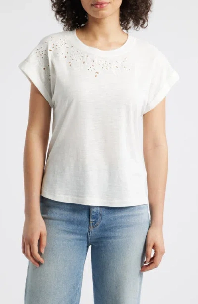 Wit & Wisdom Embroidered Eyelet Cap Sleeve T-shirt In Off White