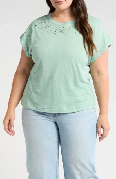 Wit & Wisdom Embroidered Eyelet Cap Sleeve T-shirt In Vintage Jade