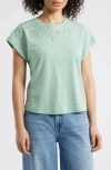 Wit & Wisdom Embroidered Eyelet Cap Sleeve T-shirt In Vintage Jade