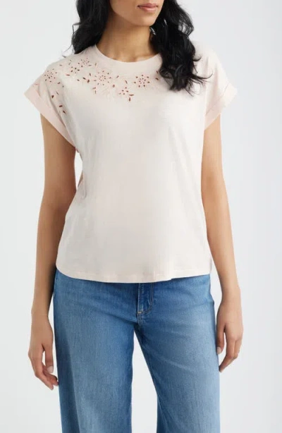 Wit & Wisdom Embroidered Eyelet Cap Sleeve T-shirt In Pink