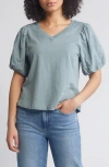 Wit & Wisdom Embroidered Puff Sleeve V-neck Top In Dusty Slate