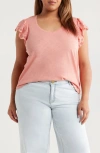 Wit & Wisdom Eyelet Flutter Sleeve V-neck T-shirt In Pink