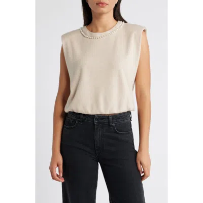 Wit & Wisdom Faux Pearl Trim Extended Shoulder Top In Heather Oatmeal