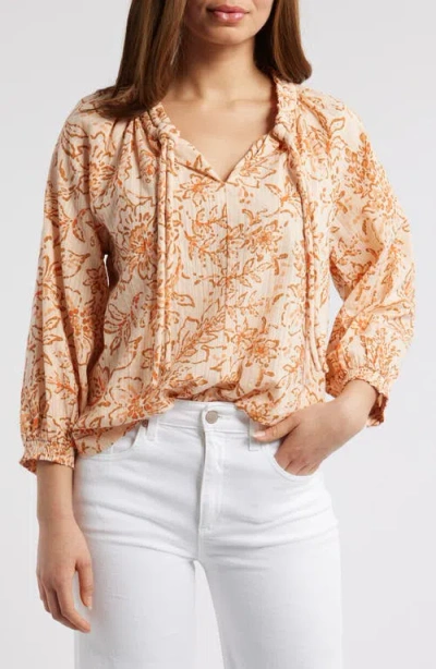Wit & Wisdom Floral Cotton Peasant Top In Peach Pie/clementine Multi