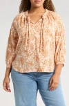 Wit & Wisdom Floral Cotton Peasant Top In Peach Pie/clementine Multi