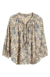 Wit & Wisdom Floral Cotton Peasant Top In Stone/blue Crush Multi