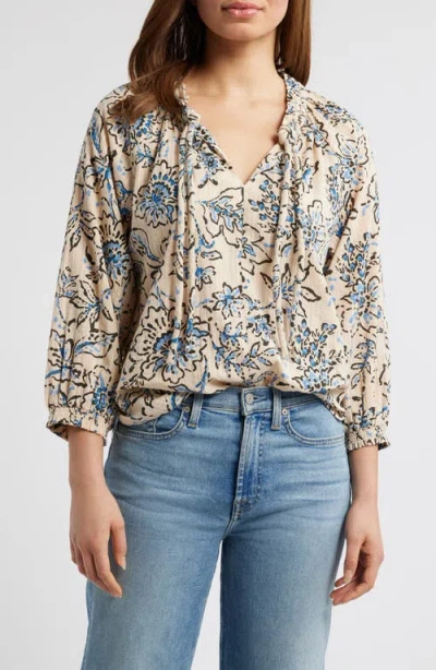 Wit & Wisdom Floral Cotton Peasant Top In Stone/blue Crush Multi