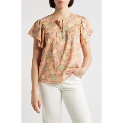 Wit & Wisdom Floral Flutter Sleeve Quarter Zip Top In Multi