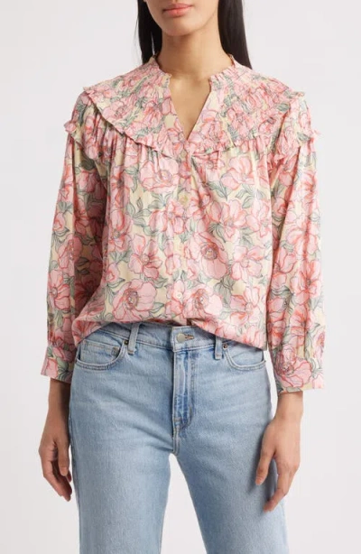 Wit & Wisdom Floral Print Smocked Yoke Button-up Top In Multi