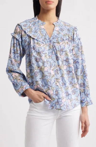 Wit & Wisdom Floral Print Smocked Yoke Button-up Top In Rose Bloom/blue Crush Multi