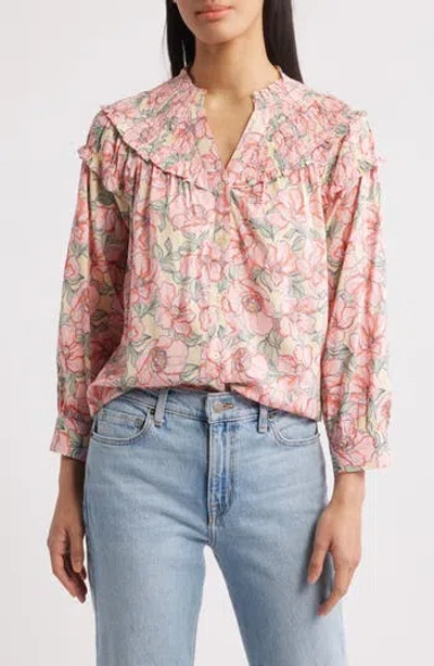 Wit & Wisdom Floral Print Smocked Yoke Button-up Top In Pink