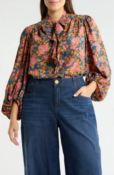 Wit & Wisdom Floral Tie Neck Peasant Top In Multi
