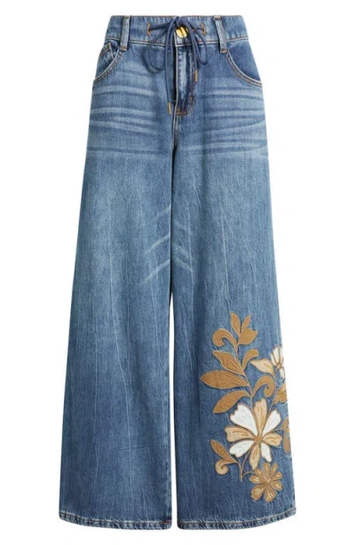 Wit & Wisdom Flower Appliqué High Waist Wide Leg Jeans In Blue