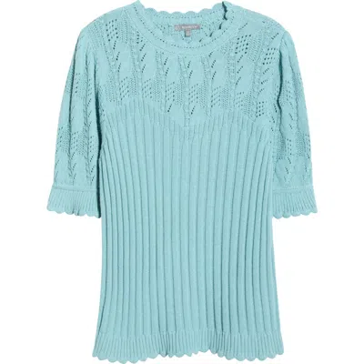 Wit & Wisdom Frill Sleeve Mixed Stitch Cotton Blend Sweater In Blue