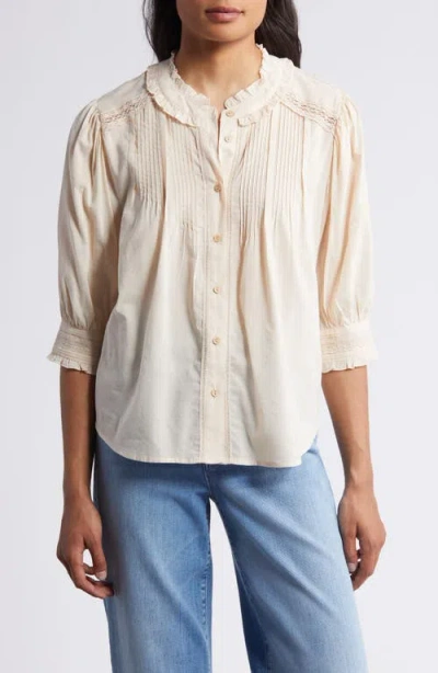 Wit & Wisdom Lace & Pintuck Cotton Blend Shirt In Macadamia