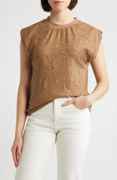 Wit & Wisdom Mixed Media Crinkle Jacquard Top In Brown