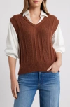 Wit & Wisdom Mixed Media Elbow Sleeve Shirt & Sweater Vest In Brown