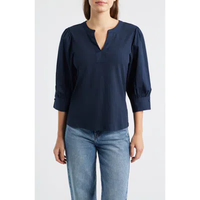 Wit & Wisdom Mixed Media Puff Sleeve Top In Blue