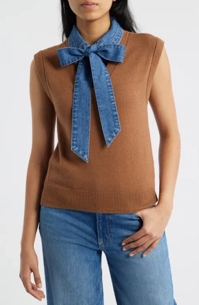 Wit & Wisdom Mixed Media Removable Bow Neck Sweater In Brown