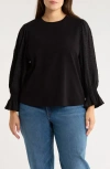 Wit & Wisdom Mixed Media Smocked Sleeve Top In Black