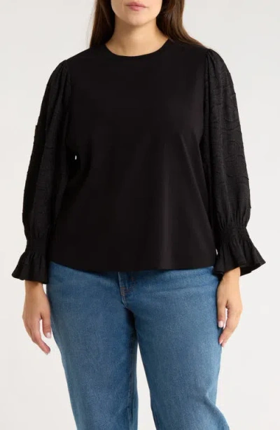 Wit & Wisdom Mixed Media Smocked Sleeve Top In Black
