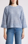 Wit & Wisdom Open Stitch Three-quarter Sleeve Crewneck Sweater In Heather Light Blue