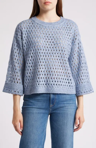 Wit & Wisdom Open Stitch Three-quarter Sleeve Crewneck Sweater In Heather Light Blue