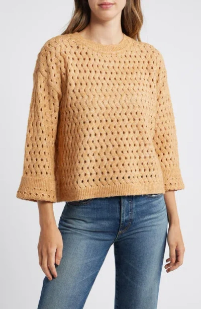 Wit & Wisdom Open Stitch Three-quarter Sleeve Crewneck Sweater In Heather Sahara Sand
