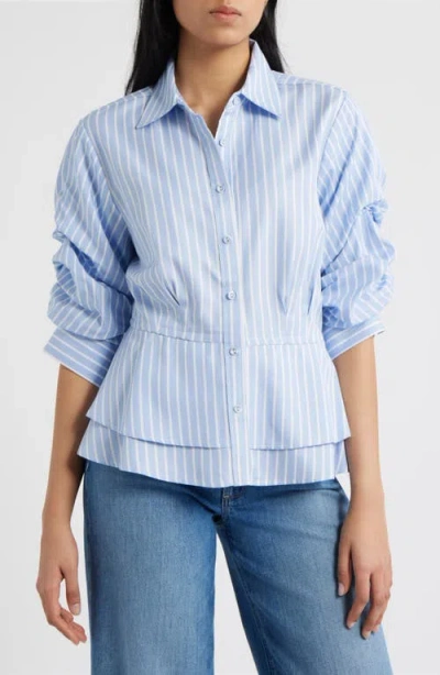 Wit & Wisdom Pinstripe Button-up Tiered Peplum Shirt In Blue