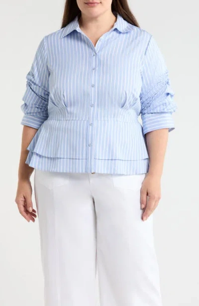 Wit & Wisdom Pinstripe Button-up Tiered Peplum Shirt In Blue